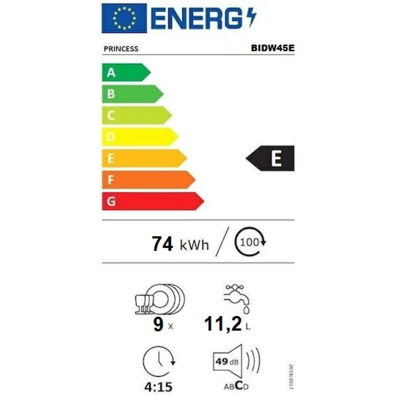 Princess BIDW45E Εντοιχιζόμενο Πλυντήριο Πιάτων για 9 Σερβίτσια 45cm Inox