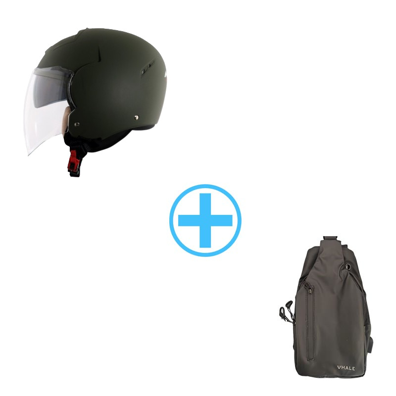 Axor Striker Battle Green Dull Κράνος Μηχανής Jet ECE 22.06 1150gr με Sunvisor χακί SIZE LARGE + Δώρο crossbody τσάντα 