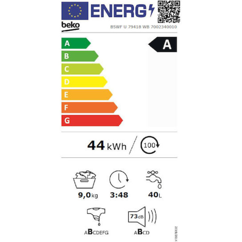 Beko B5WFU79418WB Πλυντήριο Ρούχων 9kg με Τεχνολογία Ατμού 1400 Στροφών 
