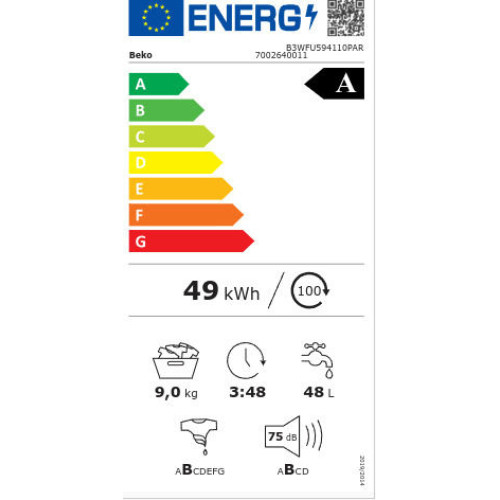 Beko B3WFU594110PAR Πλυντήριο Ρούχων 9kg 1400 Στροφών 