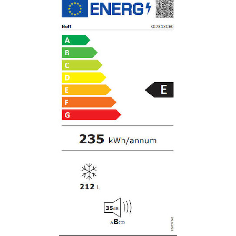 Neff  GI7813CE0 Εντοιχιζόμενος Όρθιος Καταψύκτης 212lt 177.2 x 55.8 cm, soft close flat hinge