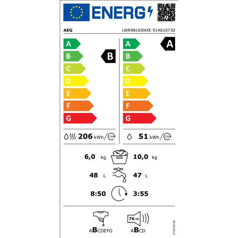 AEG LWR98165NXE Πλυντήριο-Στεγνωτήριο Ρούχων 10kg/6kg Ατμού 1600 Στροφές 