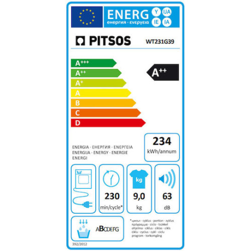 Pitsos WT231G39 Στεγνωτήριο 9kg A++ με Αντλία Θερμότητας