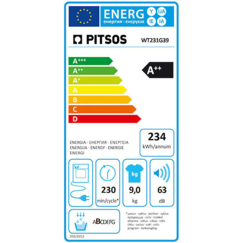 Pitsos WT231G39 Στεγνωτήριο 9kg A++ με Αντλία Θερμότητας