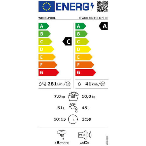 Whirlpool FFWDD 107448 BSV EE Πλυντήριο-Στεγνωτήριο Ρούχων 10kg/7kg Ατμού 1400 Στροφές
