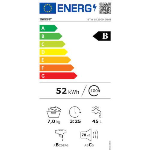 Indesit BTW S72500 EU/N Πλυντήριο Ρούχων Άνω Φόρτωσης 7kg 1200 Στροφών