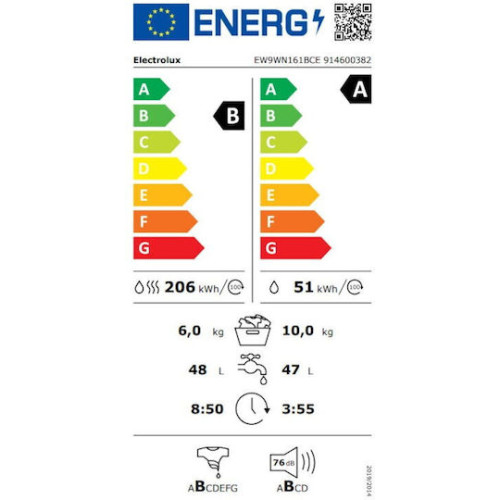 Electrolux EW9WN161BCE Πλυντήριο-Στεγνωτήριο Ρούχων 10kg/6kg Ατμού 1600 Στροφές με Wi-Fi